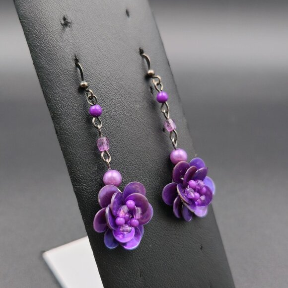 Dark Tone Purple Flower Handmade Dangle Earrings A6377 - Picture 2 of 5